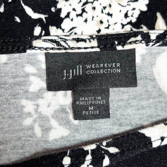 J. Jill - Women's M Tunic Top Stretch Black White Brown Floral Crewneck Petite - Picture 8 of 13